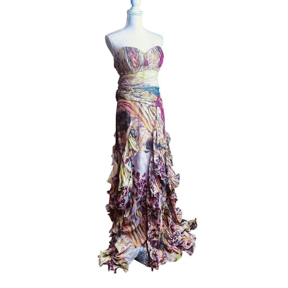 Jovani Strapless Ruffled Evening Gown in Multicolor Floral Print